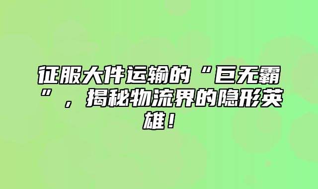 征服大件运输的“巨无霸”，揭秘物流界的隐形英雄！