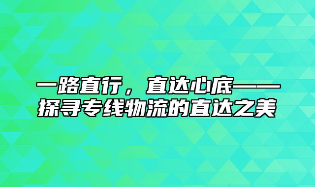 一路直行，直达心底——探寻专线物流的直达之美