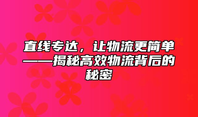 直线专达，让物流更简单——揭秘高效物流背后的秘密