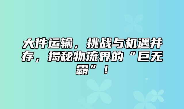 大件运输，挑战与机遇并存，揭秘物流界的“巨无霸”！