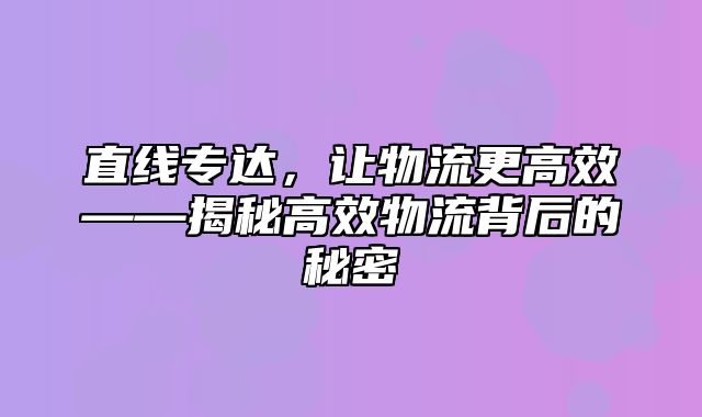 直线专达，让物流更高效——揭秘高效物流背后的秘密